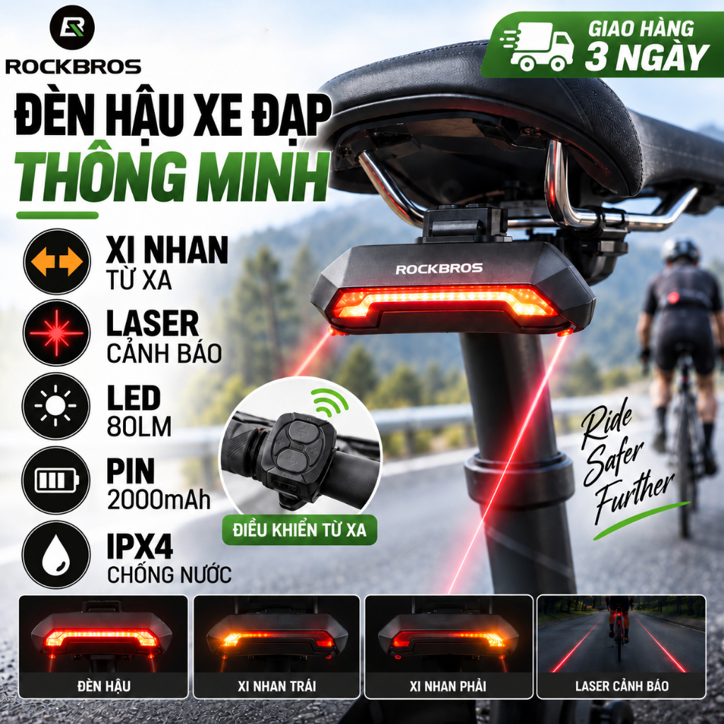 【Giao hàng 3 ngày】ROCKBROS Đèn Hậu Xe Đạp Thông Minh Xi Nhan Trái Phải Điều Khiển Từ Xa Laser Cảnh Báo LED 80LM Pin 2000mAh Sạc USB IPX4 Cho Road MTB