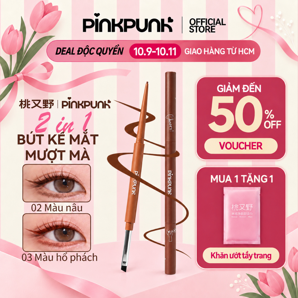 Bút Kẻ Mắt Gel Hai Đầu PinkPunk Đầu Gel 1.5mm & Cọ Tán Xéo Lâu Trôi Không Nước Chống Nhòe Màu Sắc Sống Động