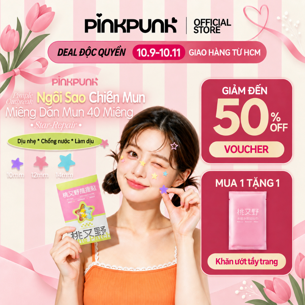 Miếng Dán Mụn Ngôi Sao PinkPunk BHA Hút Mụn Sạch Che Mụn Makeup 40 Miếng