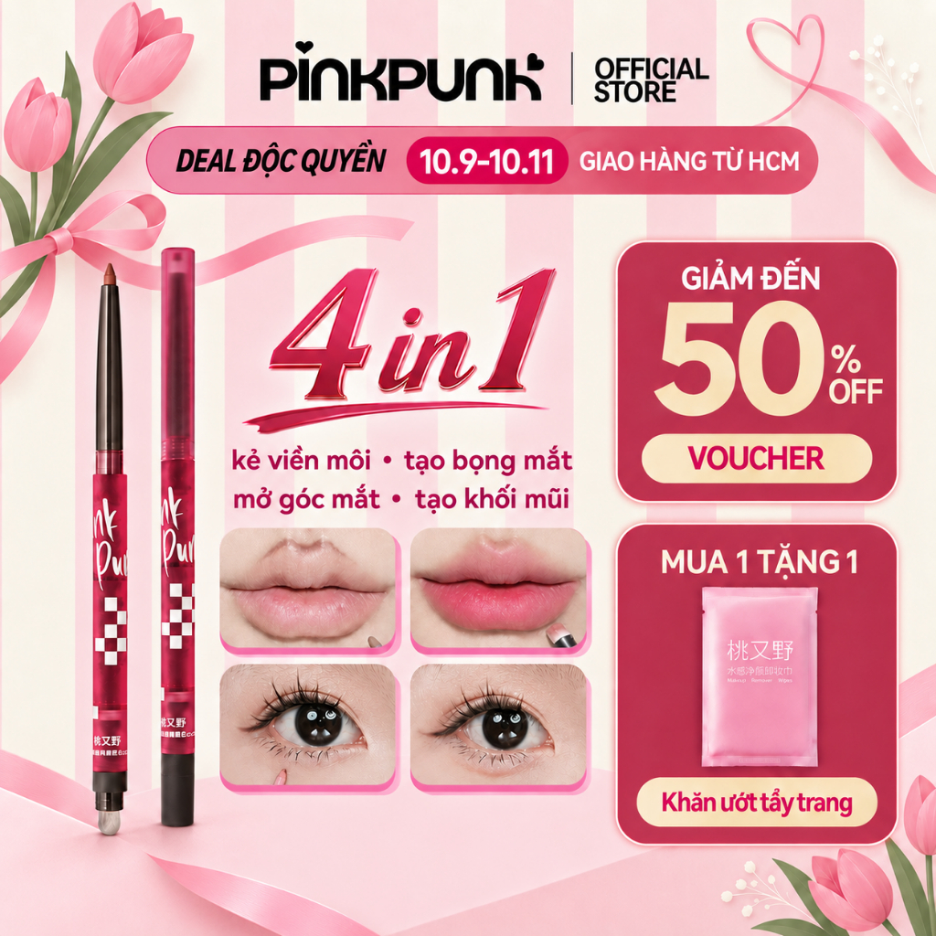 [MỚI] Bút Chì Kẻ Viền Môi PinkPunk 4 in 1 kẻ Bọng Mắt Mở Góc Mắt Tạo Khối Mũi Sáp Kết Cấu Căng Mọng 0.25g