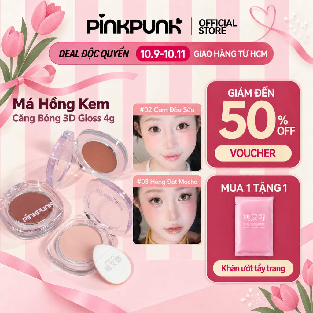 [MỚI]  Má Hồng Kem PinkPunk Căng Bóng Lâu Trôi Mềm Mịn Chuẩn Màu Tự Nhiên Tạo Hiệu Ứng 3D Gloss 4g