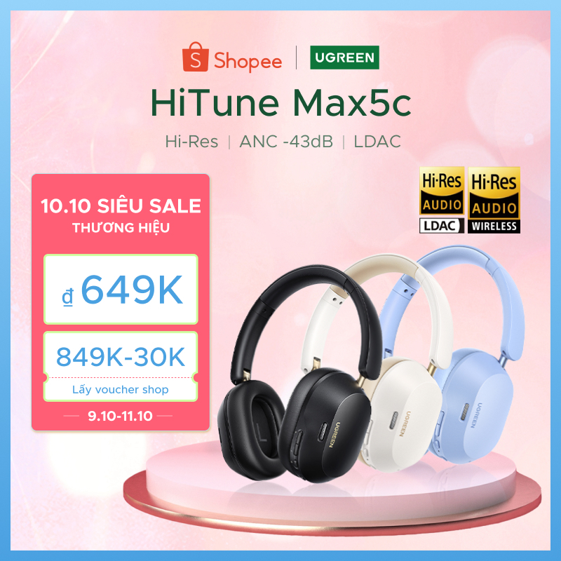 Tai nghe Bluetooth chụp tai UGREEN HiTune Max5c ANC chống ồn chủ động, Hi-Res, Bluetooth 5.4, pin 75h