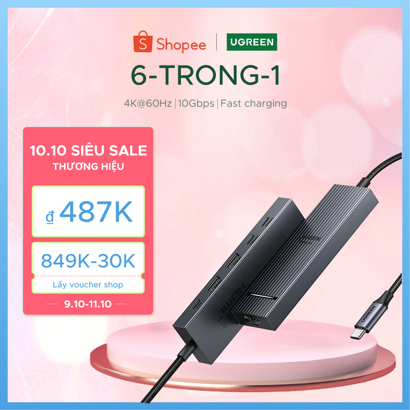 Ugreen 4K60hz 6-IN-1USB-C Trạm Docking đa chức năng USB3.2 Gen2 10Gbps cho iPad Air M2 11 "13 '' 2024 MacBook Pro M3 M2 M1 M4 MacBook Air M3 M2 M1 M4 HDMI + 2xUSB-A 3.2 + 2xUSB-C
