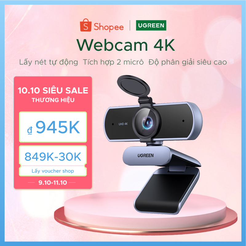 Webcam UGREEN 4K/2K/1080P cho PC Ultra HD 30FPS Web Camera có micrô, Vỏ bảo mật, 70° Fov, PDAF Tự động lấy nét, Bộ chuyển đổi USB A và USB C, Plug & Play, để phát trực tuyến, hội nghị