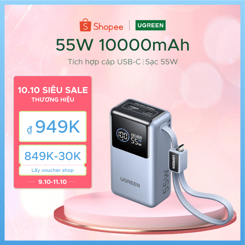 Pin sạc dự phòng UGREEN 10000mAh 55W kèm cáp USB C tích hợp 3 cổng Sạc di động du lịch máy tính xách tay, đèn LED màn hình lớn Sạc nhanh cho Xiaomi và hơn thế nữa cho iPhone 18 Pro Max