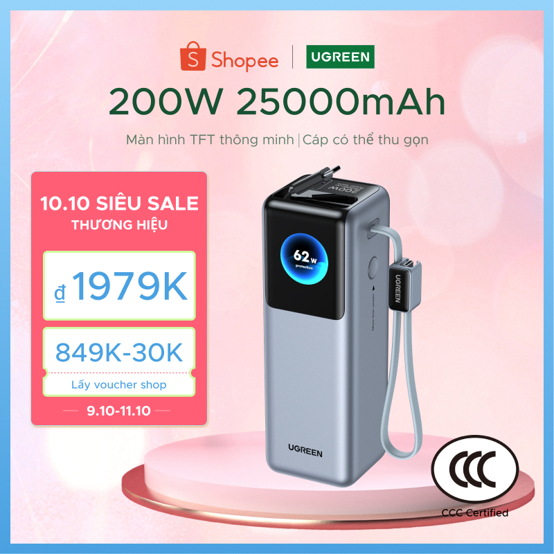 【Được chứng nhận CCC】UGREEN 200W 25000mAh Sạc nhanh Power Bank Cáp tích hợp kép Màn hình TFT thông minh Sạc pin cao cấp ô tô 4 thiết bị Tương thích cho Macbook Pro iPhone 17 Pro Max cho iPhone 18 Pro Max