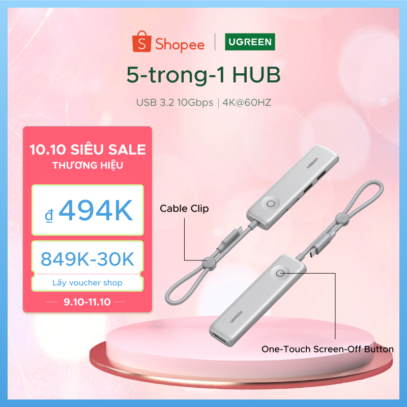 Hub 5 trong 1 UGREEN 100W PD Charge 4K @ 60Hz HDMI 10Gbps Truyền dữ liệu có nút khóa màn hình cho MacBook