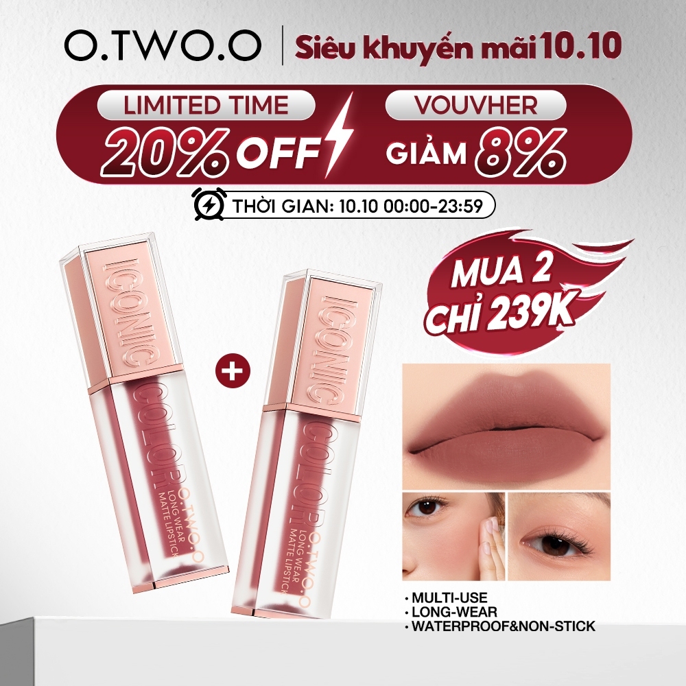 O.two.o 8 Màu Cao Cấp Cao Cấp Nhung Mờ Môi Bùn Nhẹ Mịn Chống Thấm Nước Đa Năng