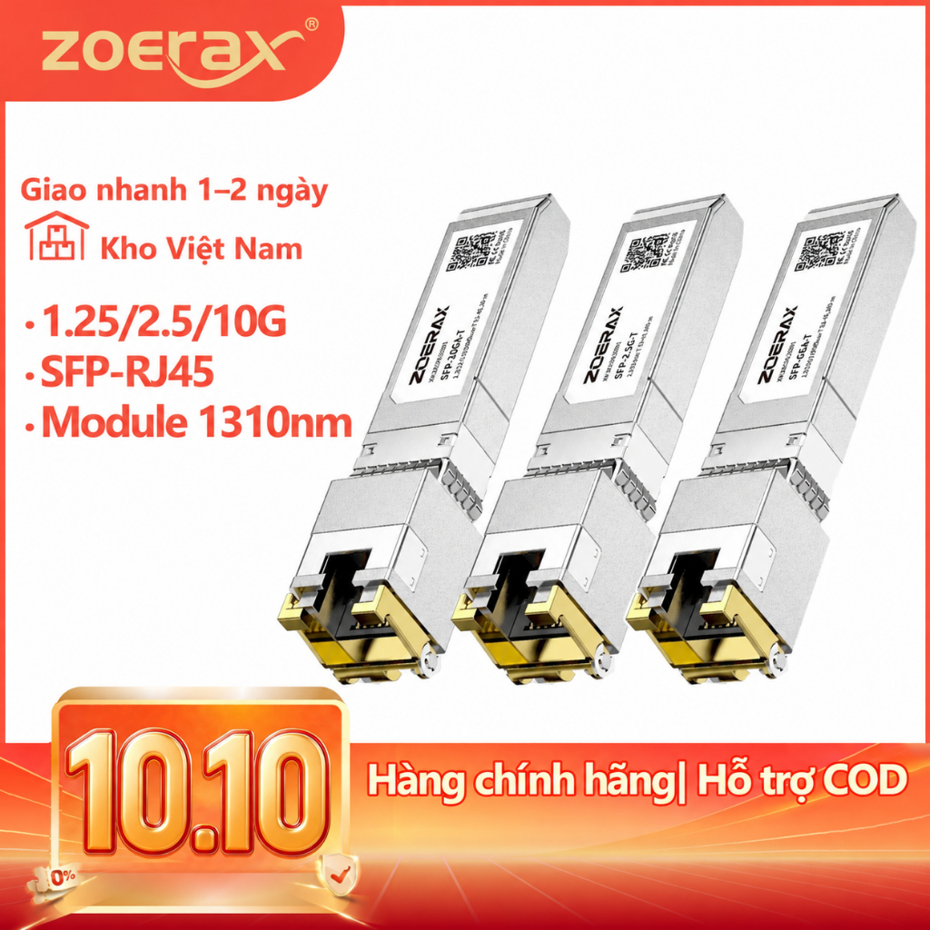 Bộ chuyển SFP+ sang RJ45 Zoerax 1.25/2.5/10G CAT6a Ethernet, Tự động nhận tốc độ, Cắm là chạy