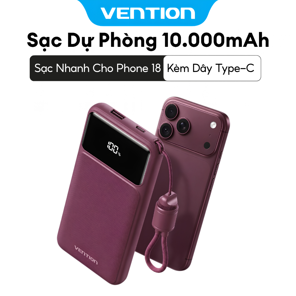 Vention Sạc dự phòng 20000mAh có cáp Type-C tích hợp - Sạc nhanh 22,5W, cổng kép, màn hình LED, bảo hành chính hãng, lý tưởng cho du lịch - Dùng cho iPhone, Samsung, Xiaomi, OPPO
