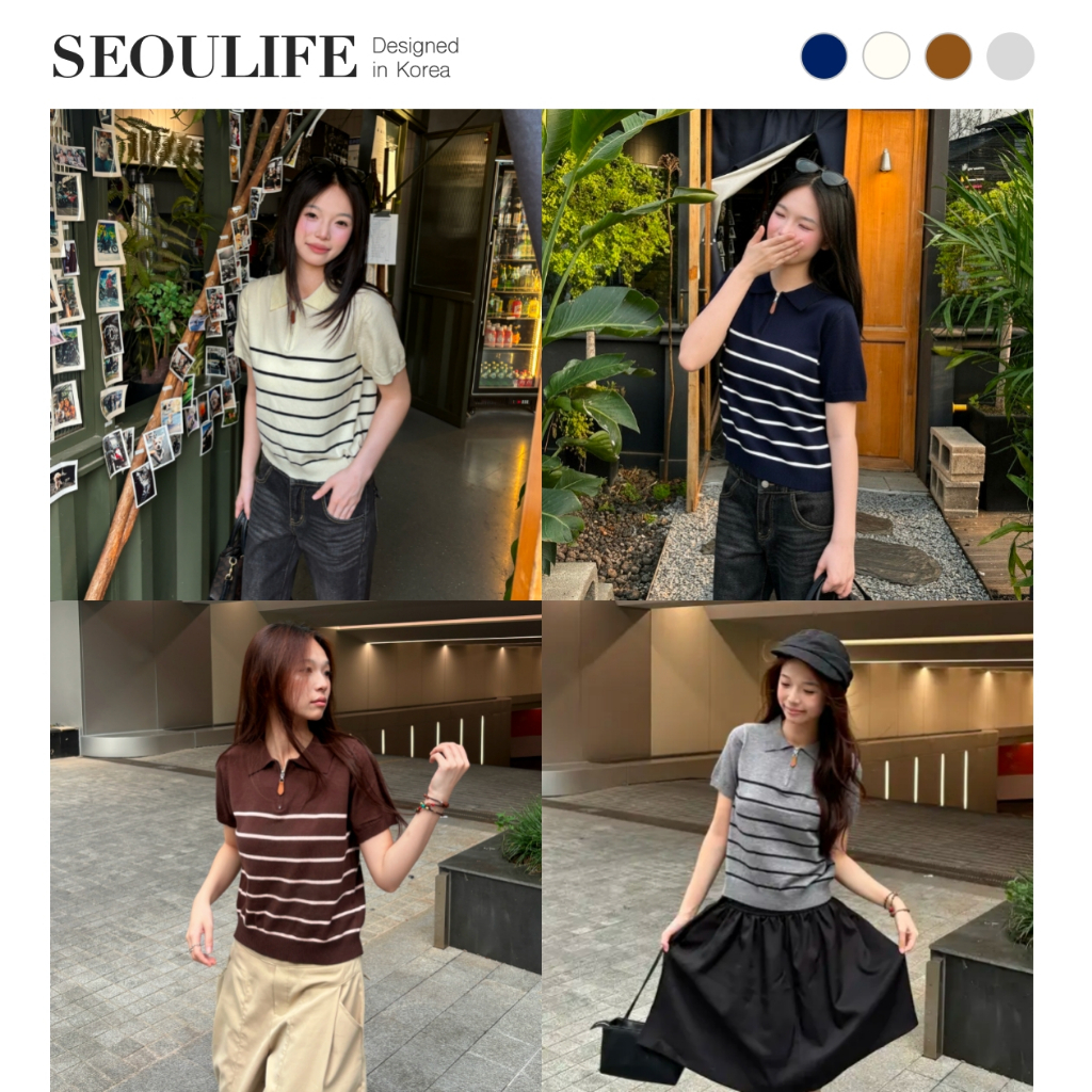SEOULIFE | Áo Thun Len Nữ Sọc Tay Ngắn Dáng Ôm Cổ Polo Khóa Kéo Phong Cách Hàn Quốc Thanh Lịch Kẻ Sọc Dệt Kim Mùa Hè Thoáng Khí