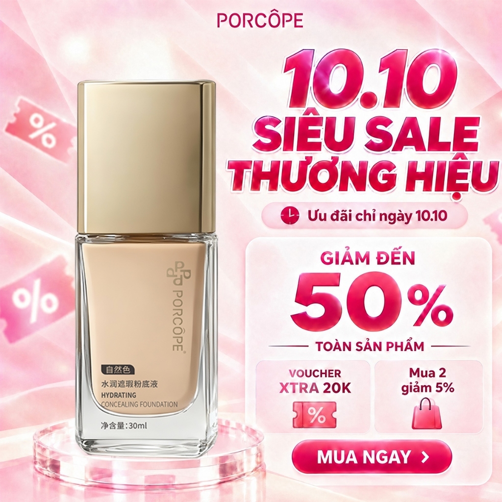 【PORCOPE】Kem nền che khuyết điểm lâu trôi kiểm dầu chống thấm nước tự nhiên Foundation 30ml