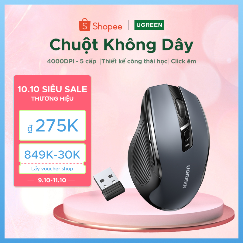 Chuột không dây UGREEN 6 nút bấm 5 cấp độ DPI 4000DPI 2.4G thích hợp cho máy tính / Mac / Linux / Laptop