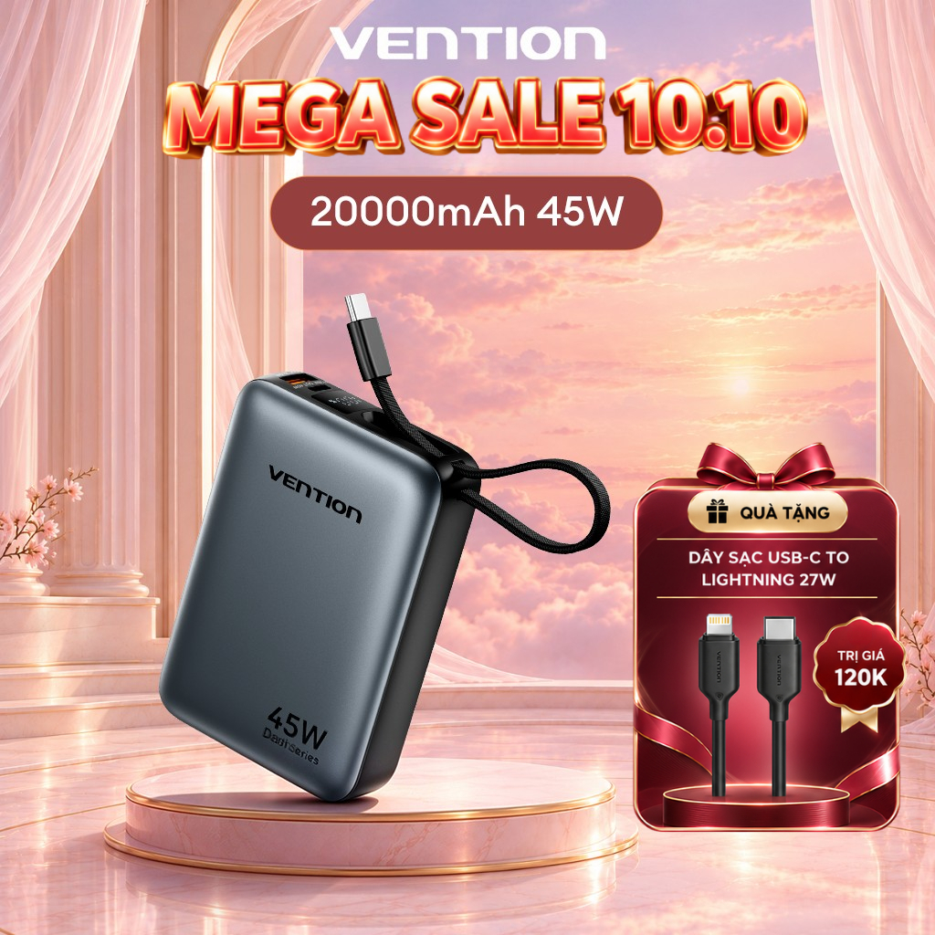 Vention Bộ Sạc Dự Phòng  20000mAh PD 45W | Sạc Nhanh Type-C PD Đa Năng | Cho iPhone 16 Pro Max & Samsung S24 Ultra | Bảo Hành Chính Hãng