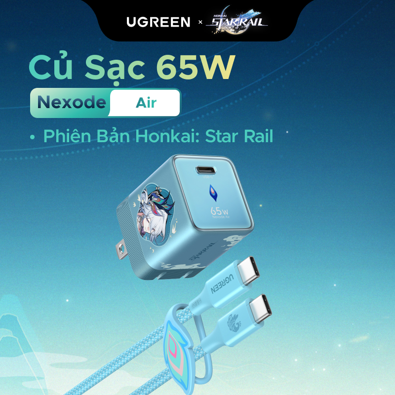 UGREEN Bộ sạc Phiên Bản Honkai: Star Rail USB-C 65W GaN USB-C AVS Charger Phích cắm có thể gập lại + Cáp USB-C 100W 1m, Sạc nhanh cho iPhone 18 Pro Max iPhone 17 16 Pro Max / MacBook / Samsung S26 Ultra iPad (Phích cắm US)