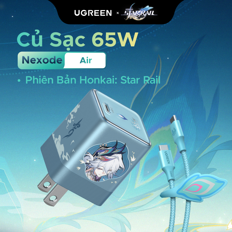Bộ sạc UGREEN Phiên Bản Honkai: Star Rail USB-C 65W AVS GaN USB-C Phích cắm có thể gập lại + Cáp USB-C 100W 1m, Sạc nhanh cho iPhone  18 17 16 Pro Max / MacBook / Samsung S26 Ultra iPad (Phích cắm US)