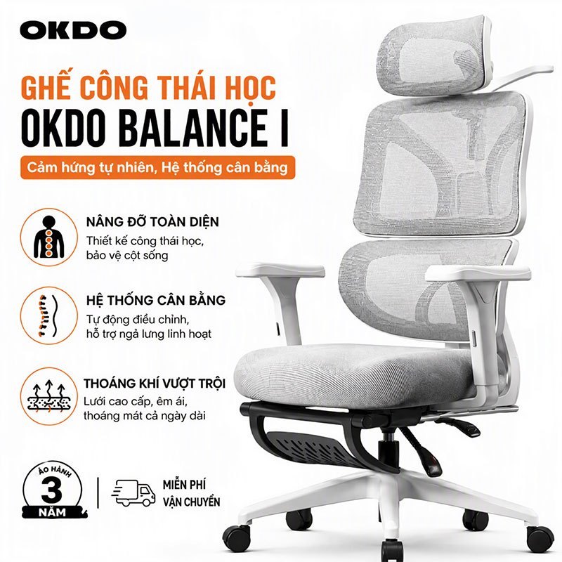 OKDO Ghế Văn Phòng Công Thái Học Balance 1 Lưng Lưới Thoáng Khí Tựa Đầu Điều Chỉnh Được Ghế Xoay 360 Độ Chân Quay Tay Vịn Nâng Hạ Độ Cao Có Bánh Xe Ghế Làm Việc Học Tập Tại Nhà Văn Phòng Hiện Đại Chống Đau Lưng Tốt Cho Cột Sống Thoải Mái Màu Xám
