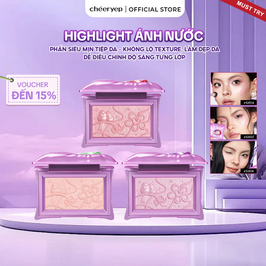 [CHEERYEP] Highlighter Phấn Bắt Sáng Chạm Khắc Hiệu Ứng Lì Và Nhũ Căng Bóng Sáng Da Pillow Gem