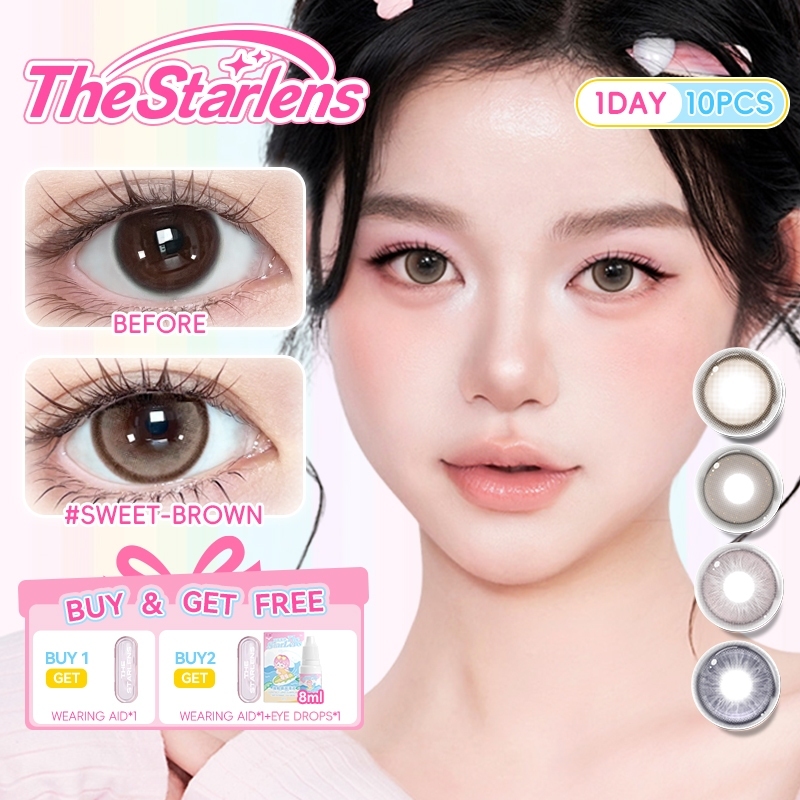 Kính áp tròng Starlens lens 1 ngày 10 chiếc tròng kính mềm màu nâu/xám dùng để trang điểm tròng kính nhiều màu có độ (0-8)