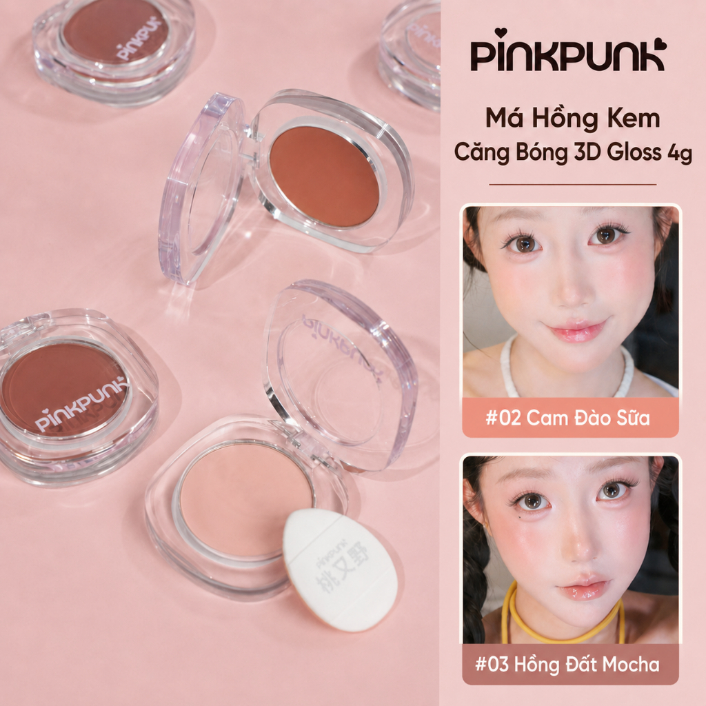 [KOL LIVESTREAM]  Multi-Purpose Cream Má Hồng Kem PinkPunk Căng Bóng Lâu Trôi Mềm Mịn 5 Màu Tạo Hiệu Ứng 3D Gloss