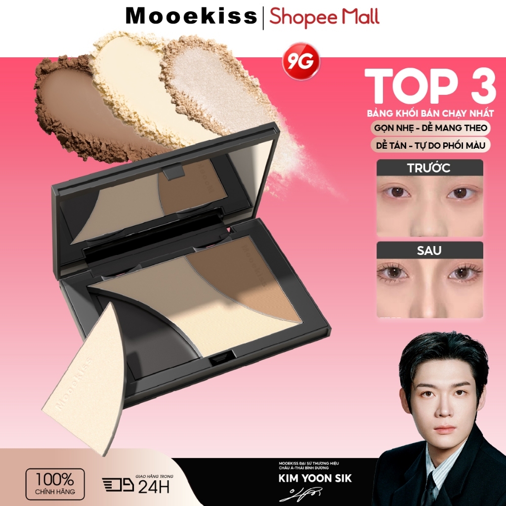 Bảng Tạo Khối Mooekiss 3 Màu 9g, Contour & Highlight, Dễ Tán, Tự Nhiên, Lâu Trôi