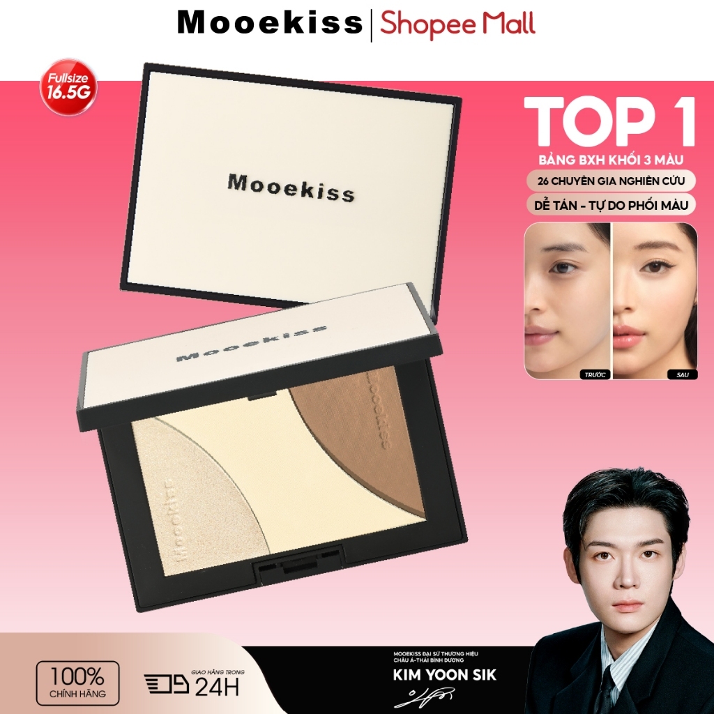Bảng Tạo Khối Mooekiss 3 Màu 16.5g, Contour & Highlight, Tạo Chiều Sâu Khuôn Mặt, Lâu Trôi
