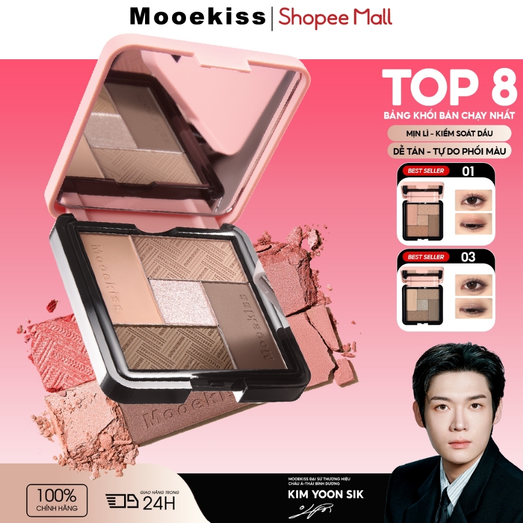 Bảng Phấn Mắt Mooekiss 5 Màu Tone Đất 8.5g, Lì Mịn, Dễ Tán, Nhỏ Gọn, Makeup Hàng NgàyNhũ Lấp LánhLì MịnSắc Tố CaoBão Hòa ThấpKhông LemNgười Mới Bắt Đầu
