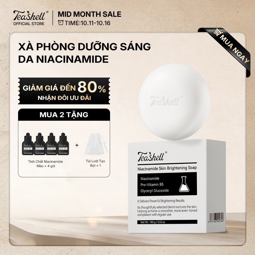 【Chính Hãng 100%】Teashell Xà phòng làm sáng da Niacinamide & Alpha-Arbutin - Làm đều màu da, mờ đốm nâu, kiểm soát dầu, giảm mụn, dùng cho mặt & toàn thân 100g