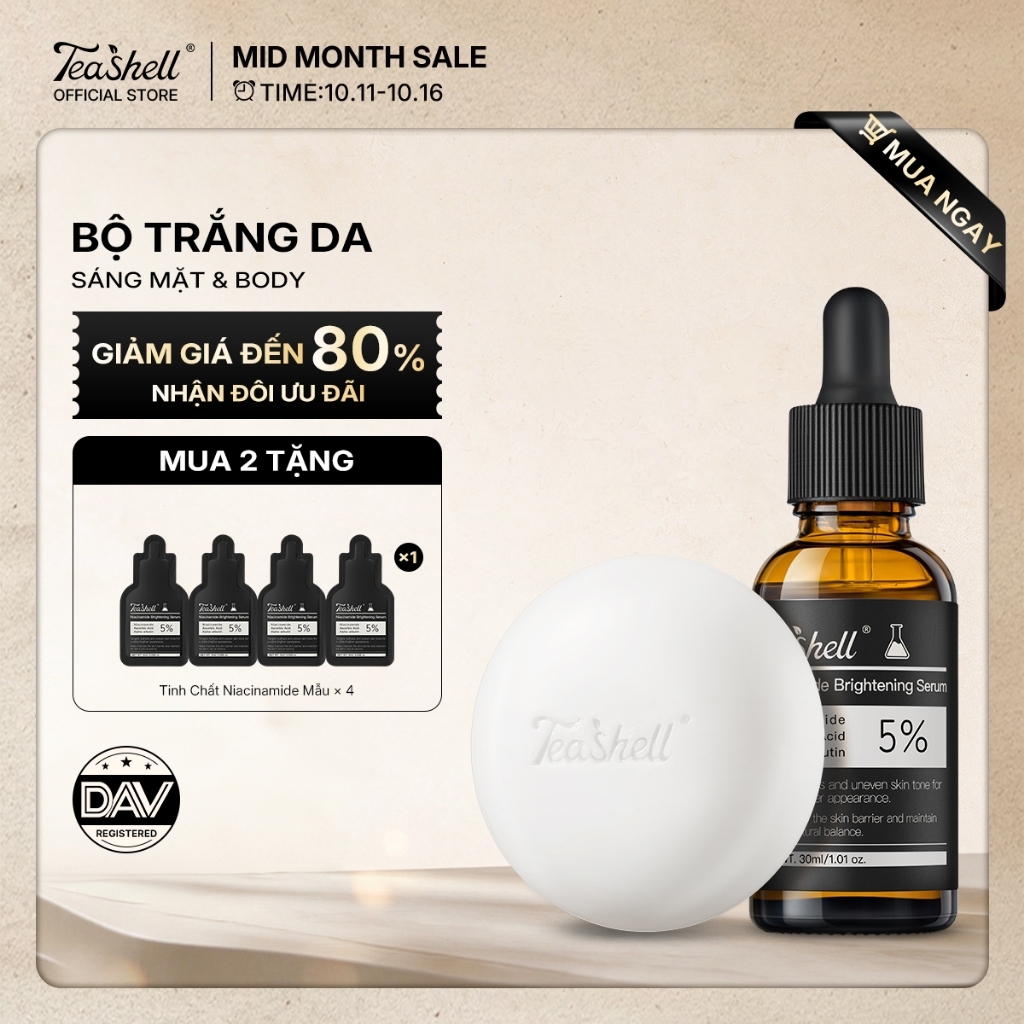 【MUA LÀ TẶNG 4 SẢN PHẨM】BỘ KIT Teashell Serum 5% Niacinamide Arbutin 30ml + Xà Phòng Làm Trắng Toàn Serum Trẻ Hóa Da Giảm Vết Thâm Mụn Đốm Nám Cải Thiện Lỗ Chân Lông Mờ Vết Đỏ Dưỡng Trắng Da Toàn