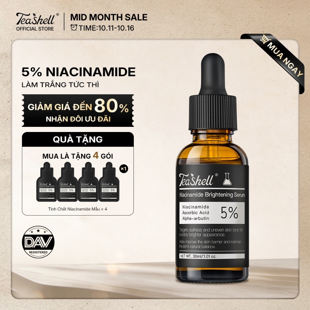 【MUA LÀ TẶNG 4 SẢN PHẨM 】Teashell SERUM LÀM SÁNG 5% Niacinamide + Arbutin 30ml Skin Formula Serum-SpotsBrighte, Giảm Vết Thâm Toner serum cải thiện lỗ chân lông mờ thâm mụn
