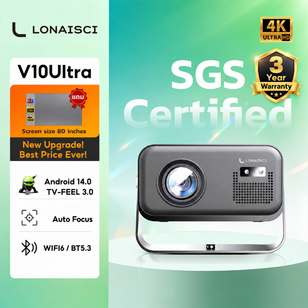 【Bảo hành 3 năm】Lonaisci Máy chiếu mini V10 Ultra tương thích với điện thoại iPhone và Android chạy Android 14.0 hỗ trợ trình chiếu 4K kết nối Wi-Fi và Bluetooth tích hợp sẵn Google Play Store
