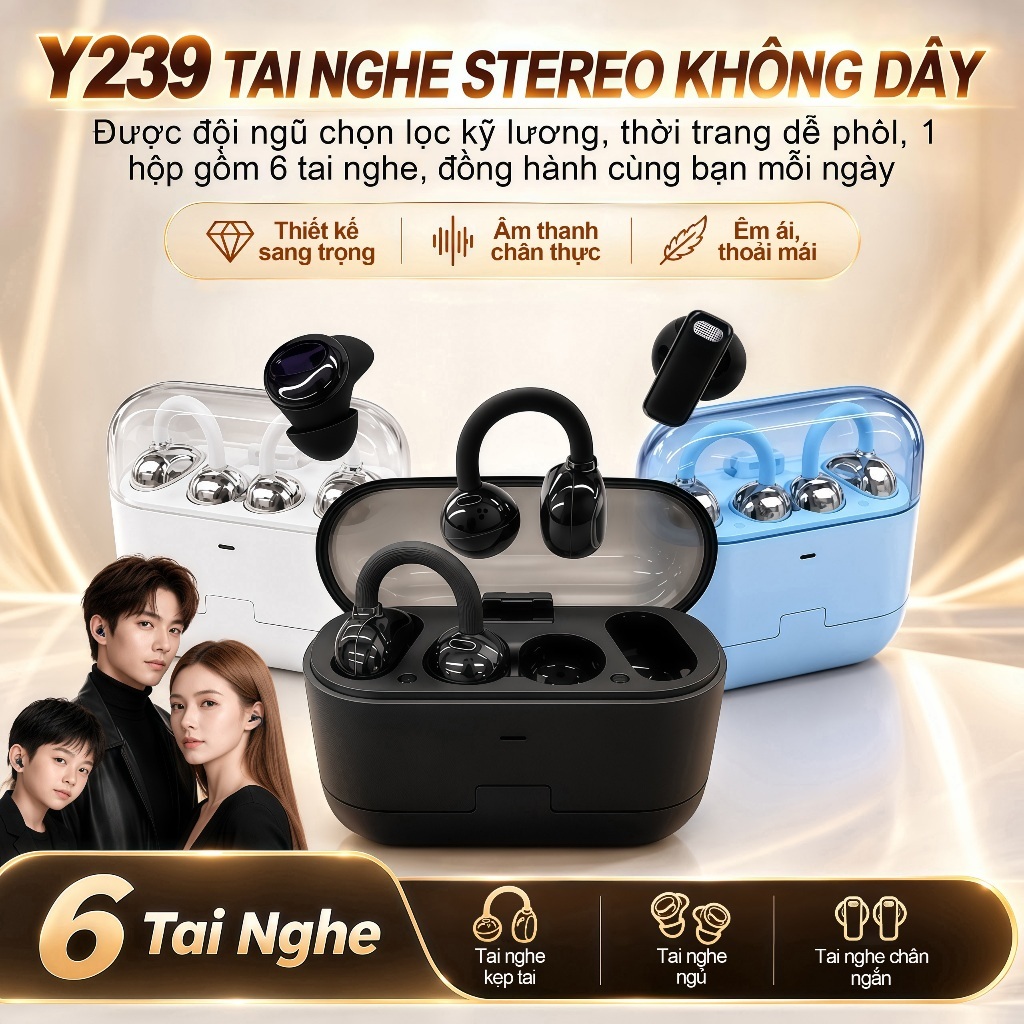 Y239 (3 cặp tai nghe) Tai Nghe 6 in 1 Mẫu Mới Nhất, 1 Cặp tai nghe kẹp tai và 1 Cặp tai nghe ngủ và 1 Cặp tai nghe chân ngắn, Đáp ứng mọi kịch bản – dùng là thích! Âm thanh nổi cấp độ HiFi, Nghe nhạc liên tục hơn 40 giờ