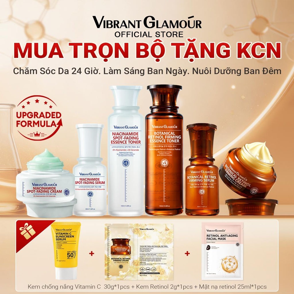 Bộ Skincare 6 Món Ngày & Đêm 2.0 VIBRANT GLAMOUR Niacinamide + Retinol Thực Vật | Ban Ngày Dưỡng Trắng Mờ Nám Không Tái Sạm - Ban Đêm Phục Hồi, Bổ Sung Collagen Giúp Mờ 5 Loại Nếp Nhăn