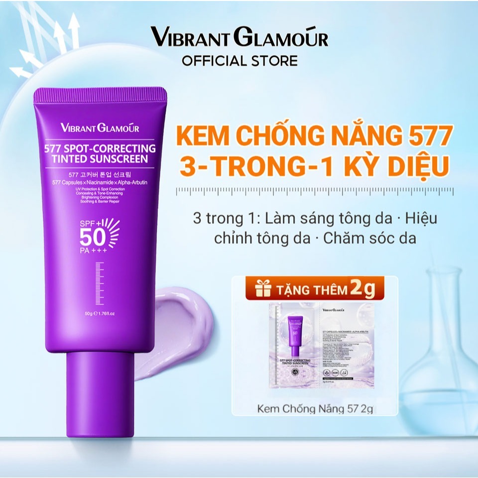 Kem Chống Nắng Có Màu 577 VIBRANT GLAMOUR SPF50+ PA+++ 50g Siêu Che Khuyết Điểm, Một Thoa Sáng Da Ngay, Hỗ Trợ Mờ Đốm Nâu Thâm Nám, Chống Tia UV Phổ Rộng, Dưỡng Da Phù Hợp Da Nhạy Cảm