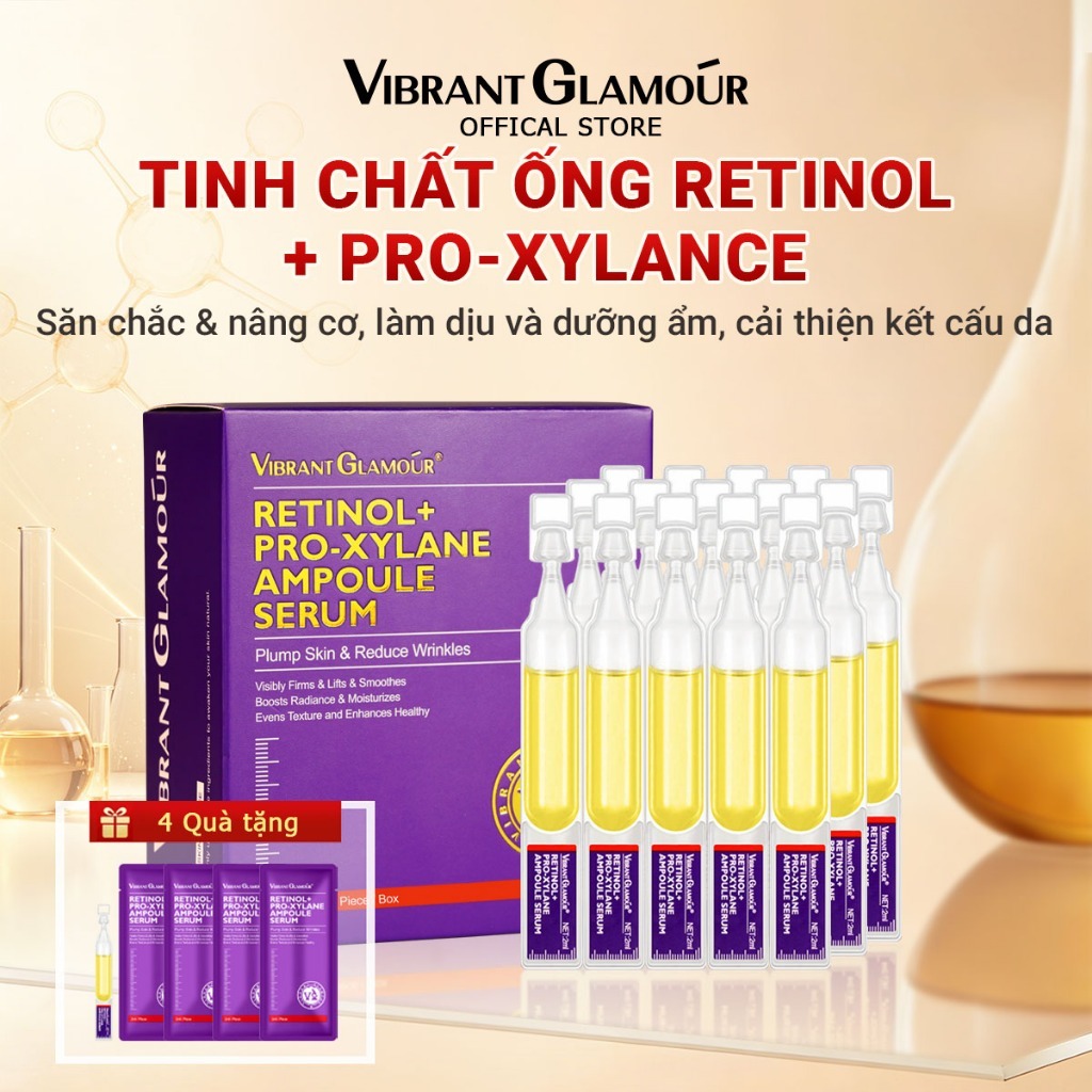 Tinh Chất Ống Ampoule VIBRANT GLAMOUR Retinol Pro-Xylane Chống Lão Hóa Săn Chắc Da Mờ Nếp Nhăn Nhẹ Nhàng Không Bí Dầu Hộp 15 Ống Mỗi Ống 2Ml