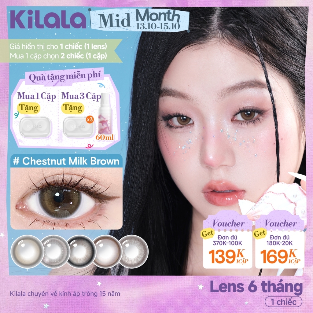 Kính áp tròng màu Kilala - Nâu Chestnut Milk Brown/ Xám Lychee Grey/ Xanh Pandora Blue lens cận 6 tháng DIA 14.2mm có độ (0-7)  Ocean Pearl Collection[Giá 1 chiếc lens ]