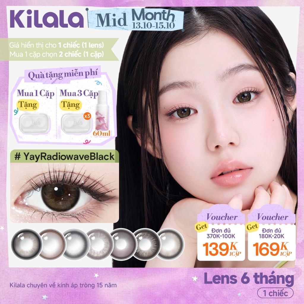 [ 1 chiếc lens ] Kính áp tròng Kilala màu nâu Yay Radiowave Black/Wild Fruit Brown/Sakura Pink lens cận 6 tháng DIA 14.2-14.5mm có độ (0-7)