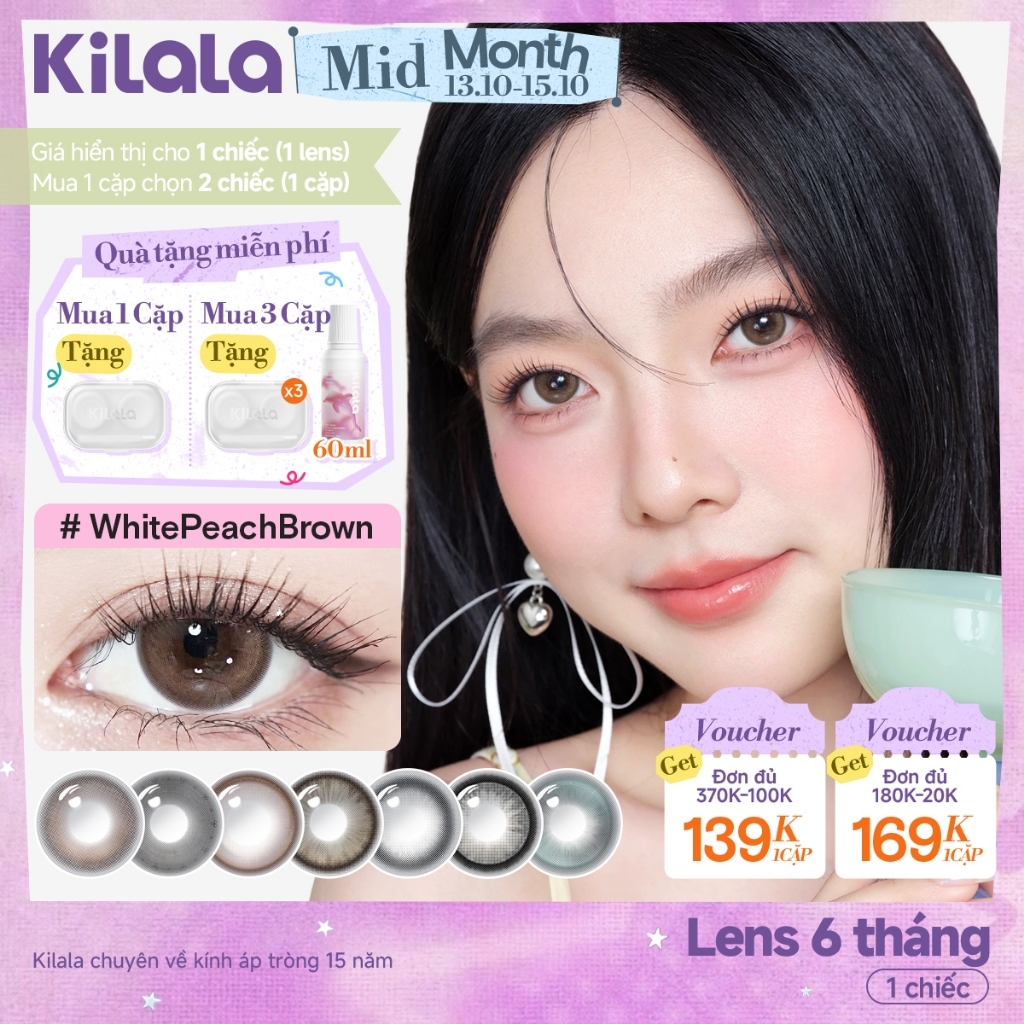 Kính áp tròng Kilala màu nâu Bright Amber/ Pearly Grey/lens cận 6 tháng DIA 14.2-14.5mm có độ (0-7) [Giá 1 chiếc lens ]