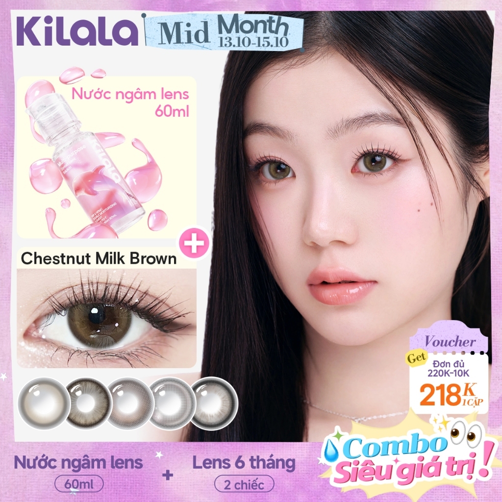 [ Combo ] Kính áp tròng màu Kilala + 60ml Nước ngâm lens Nâu Đen White Peach Brown/Pearly Grey lens cận 6 tháng DIA 14.2mm có độ (0-7) [Giá 2 chiếc lens ]