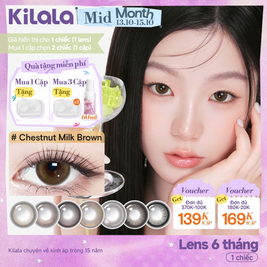 Kính áp tròng màu Kilala Nâu ChestnutMilkBrown/Sakura Pink lens cận 6 tháng DIA 14.2-14.5mm có độ (0-4)[Giá 1 chiếc lens ]