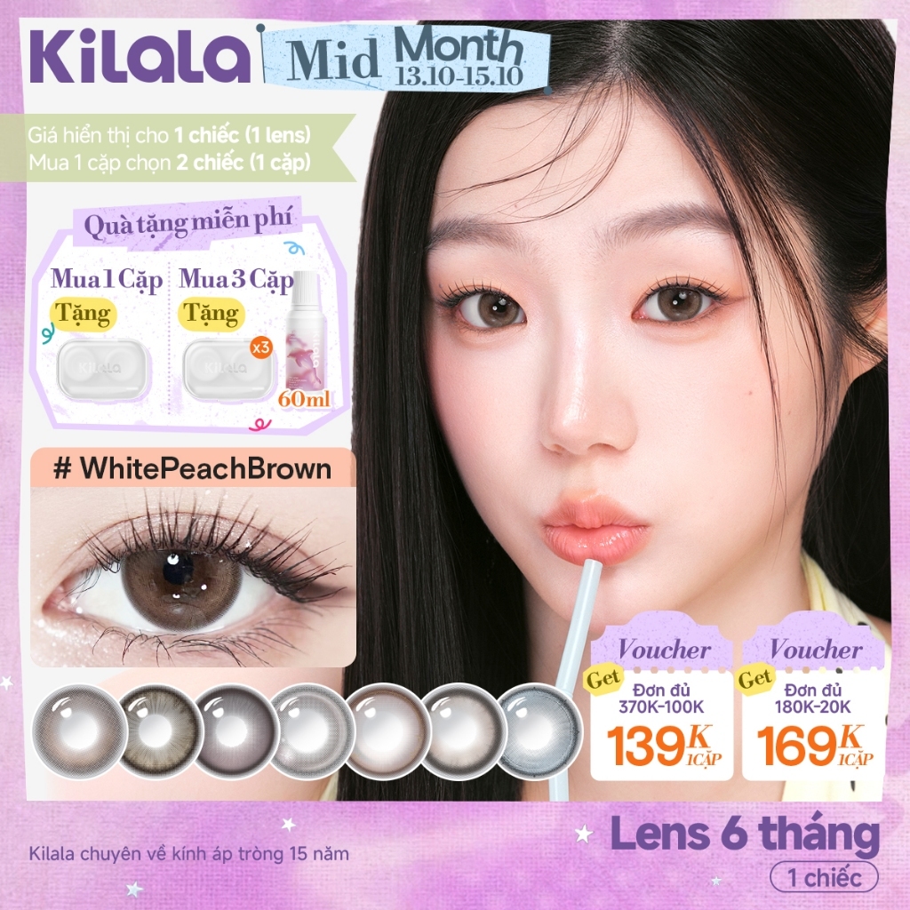 Kính áp tròng màu Kilala Nâu Bailey Brown/Sakura Pink/Yay Radiowave Black lens cận 6 tháng DIA 14.2-14.5mm có độ (0-4)[Giá 1 chiếc lens ]
