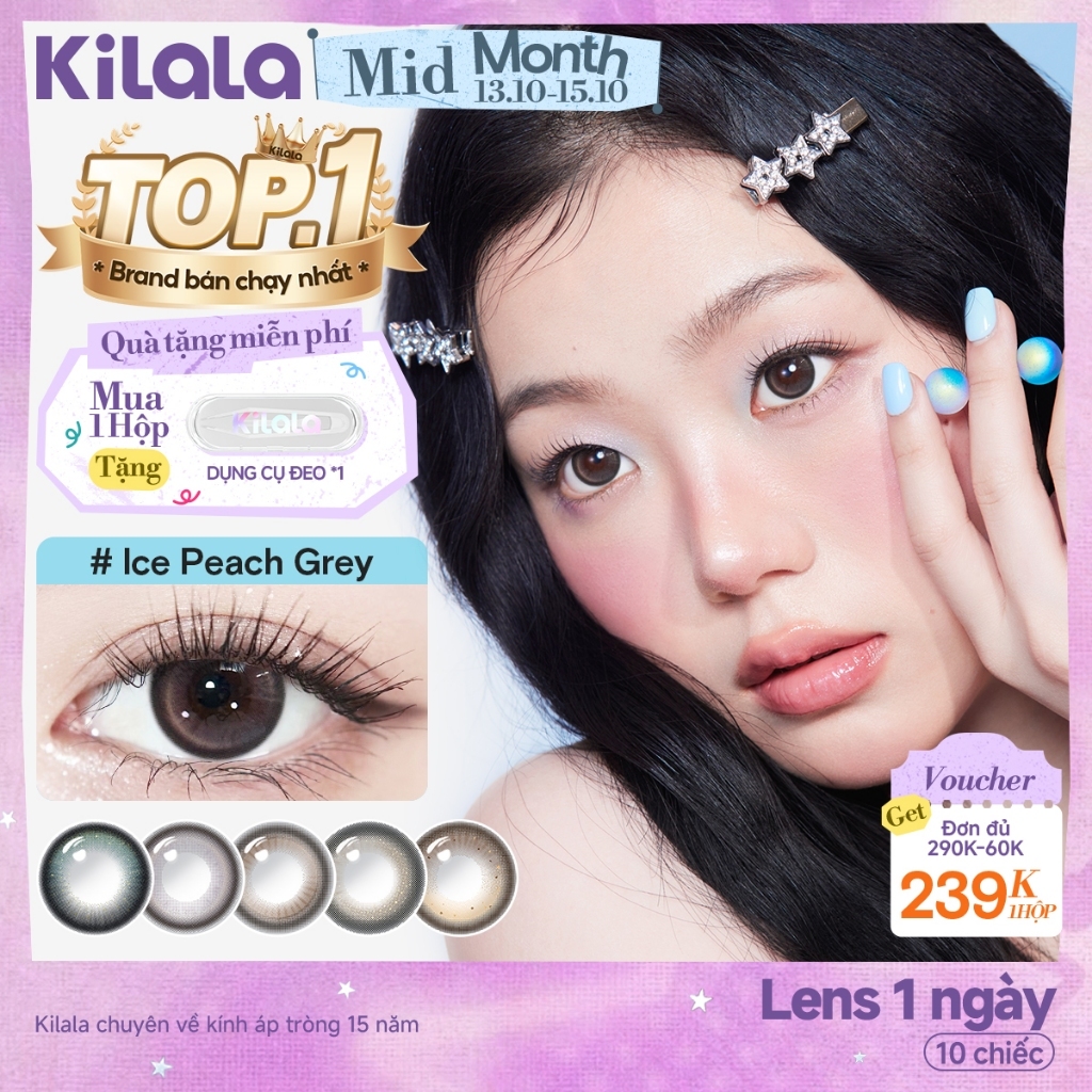 10 chiếc Kính áp tròng Kilala lens 1 ngày màu xám Ice Peach Grey / Ice Oolong Brown/Raw Coconut Grey  DIA 14.5mm 14.2mm 14.0 mmcó độ (0-8)