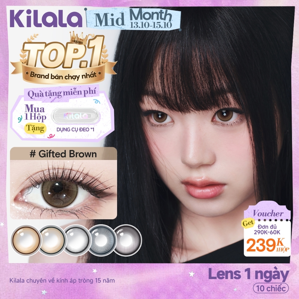10 chiếc Kính áp tròng Kilala lens 1 ngày màu nâu Top Heroine Purple/Film Girl Blue/Gifted Grey/Gifted Brown/Galaxy Theater Grey/  Genius Brown DIA 14.0mm-14.5mm có độ (0-7)