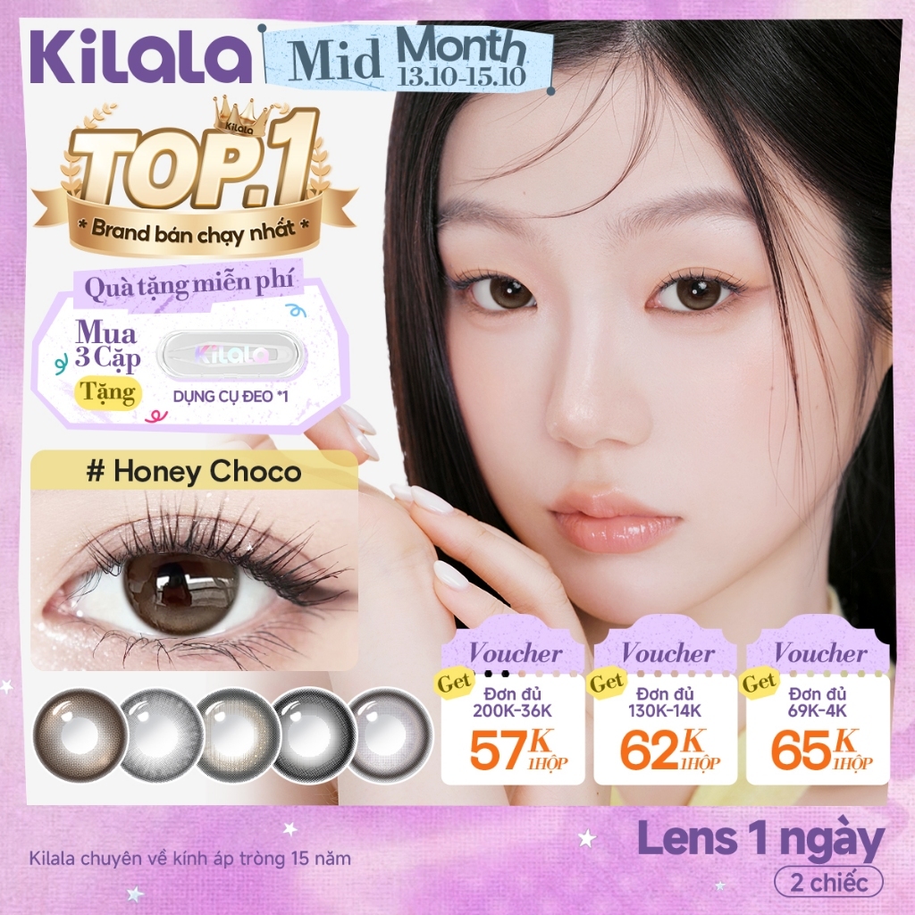 Kính áp tròng Kilala lens 1 ngày màu xám  DIA 14.0mm 14.2mm 14.5mm và màu xám Ice Oolong Brown,Ice Peach Grey,Honey Choco,Felinae Grey, Cold water Black lens cận 1 ngày có độ (0-7) 2 chiếc