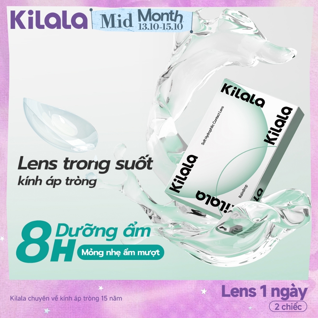 Lens 1 ngày cận trong suốt kính áp tròng Kilala không màu RainDrop Lens 1 ngày DIA 14.2mm có độ (0.5-8) 2 chiếc