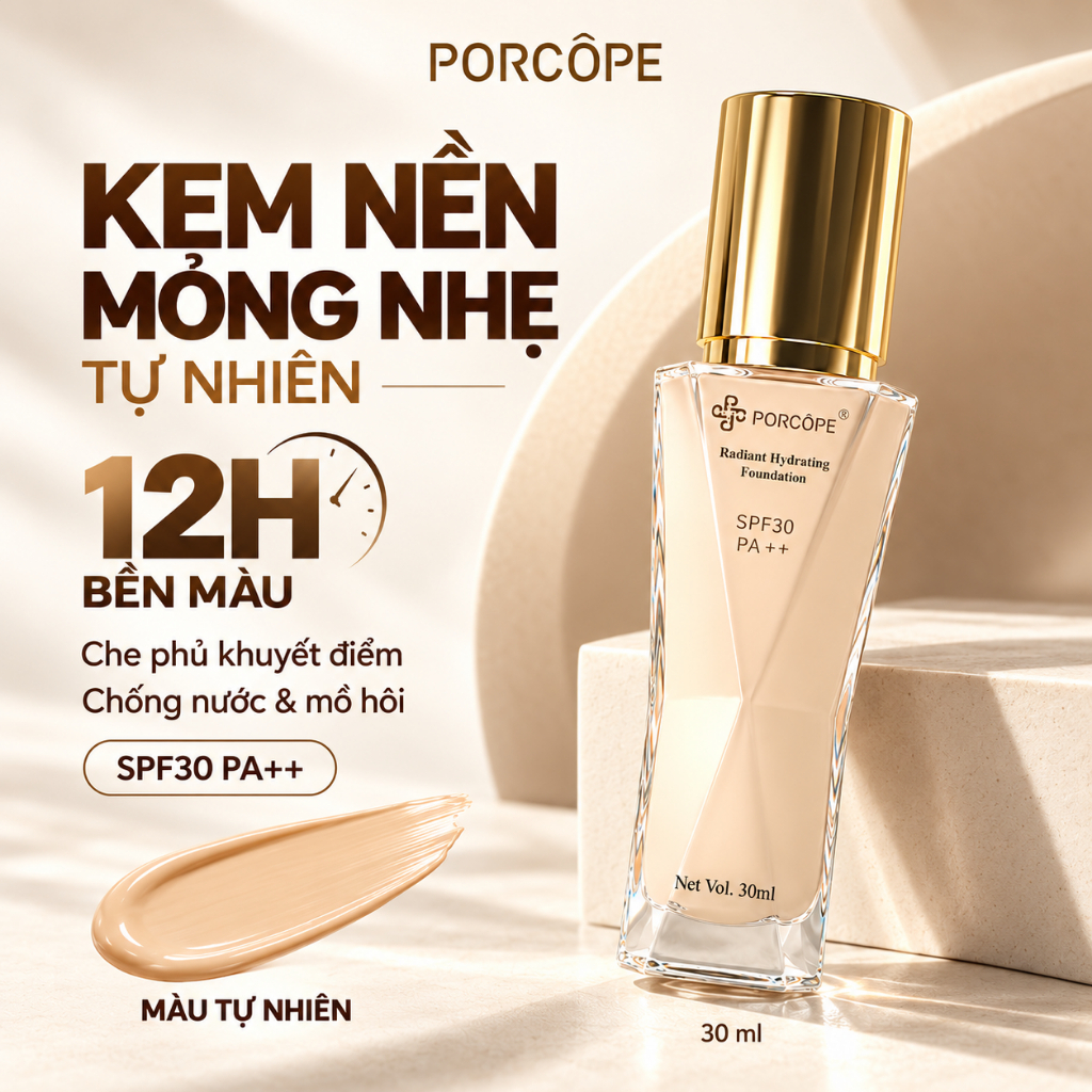 【PORCOPE】Kem nền chống nắng SPF30+ chống nước lâu trôi Tự Nhiên 30ml