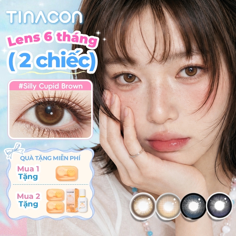 Kính áp tròng 6 tháng TINACON màu nâu tự nhiên - Hộp 2 chiếc lens giãn tròng to 14.2 - 14.5mm