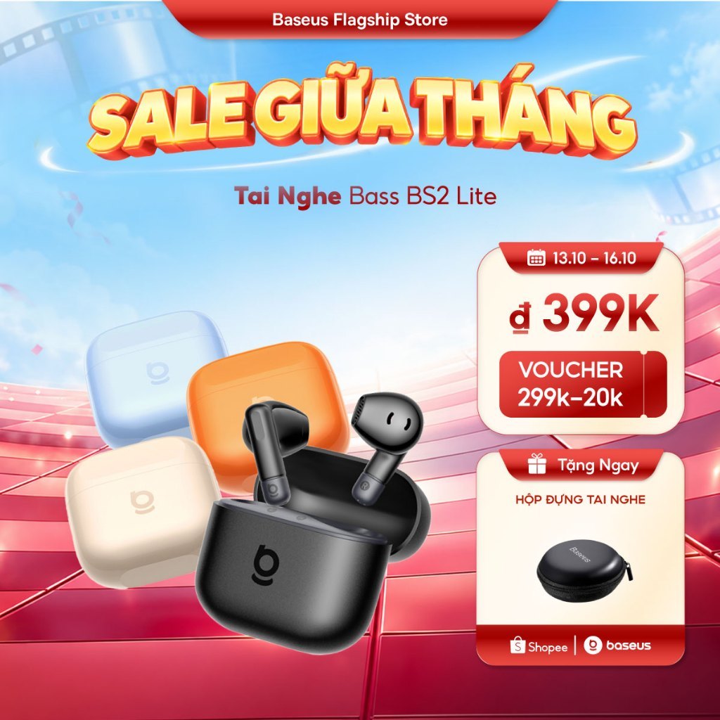 Tai Nghe Bass BS2 Lite Bluetooth 6.0 Đàm thoại rõ nét với micro kép Al Tăng cường âm trầm Thiết kế bán in-ear thoải mái