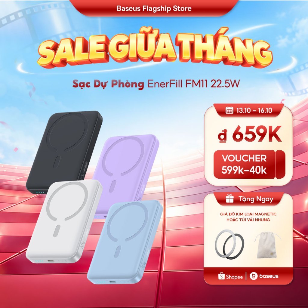Sạc dự phòng 22.5W FM11 Baseus không dây mini 10000mah có nam châm tự động bật/ tắt thích hợp Dành cho iPhone 18