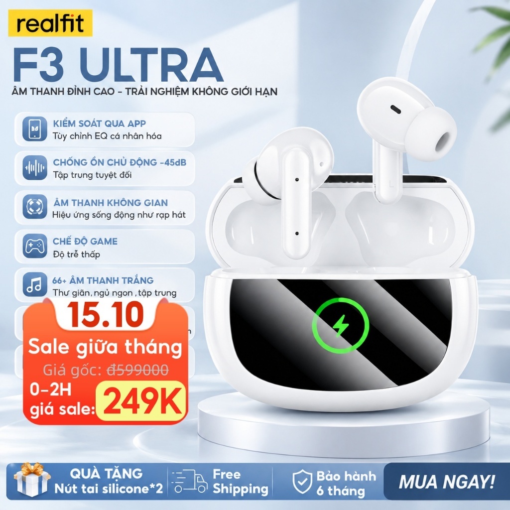 Tai nghe không dây Realfit F3 Ultra Hi-Fi | ANC -45dB Pin 50H | Tùy chỉnh EQ | Bass mạnh | APP riêng